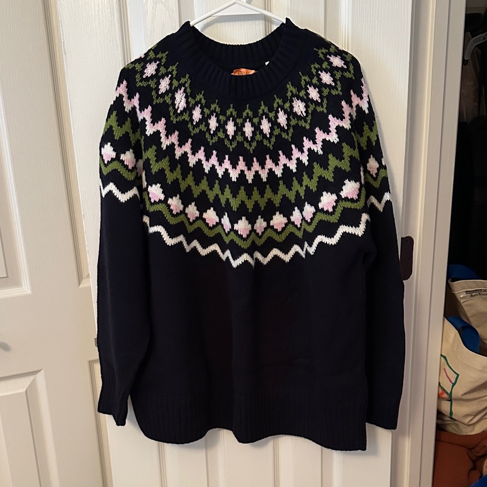 Barbour Navy Fair Isle Sweater with Green and Pink Accents